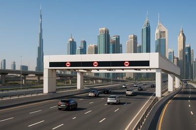 A modern Dubai highway with toll gates and city skyline