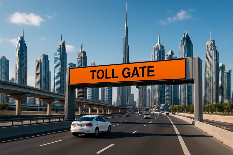 Dubai toll road with modern city skyline